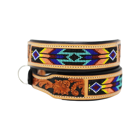 Equipage Western Tooled Padded Leather Beaded Dog Collar [Red/Blue/Turquoise]