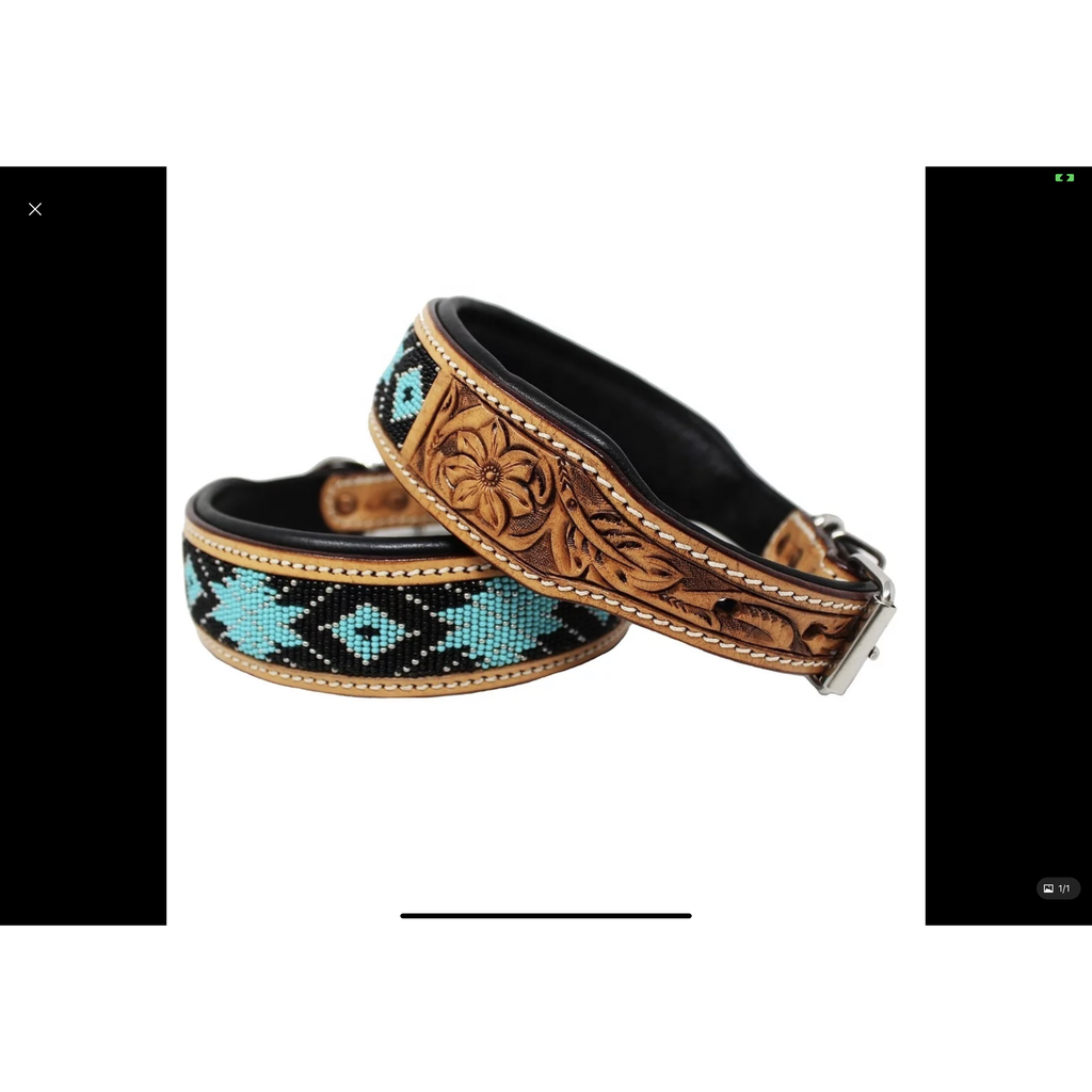 Equipage Western Tooled Padded Leather Beaded Dog Collar Turquoise Black